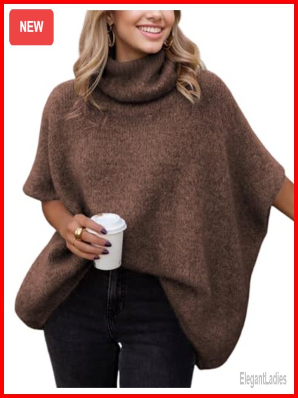 Oversized Turtleneck Sweater Short Batwing Sleeve Chunky Knit Pullover